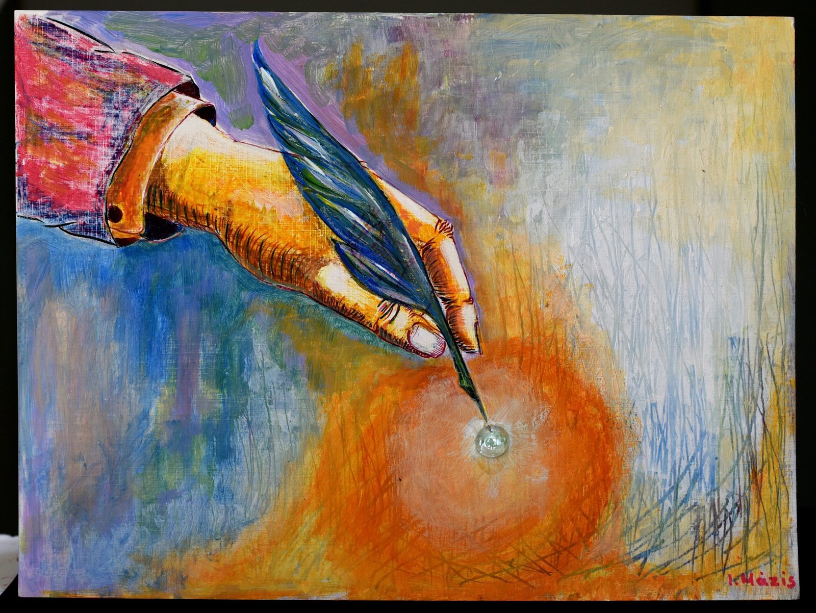 "Fiat Lux", Ακρυλικά, Παστελ, Σινική Μελάνη με κολάζ γυάλινη Χάντρα, 30x40,5 cm, 2023