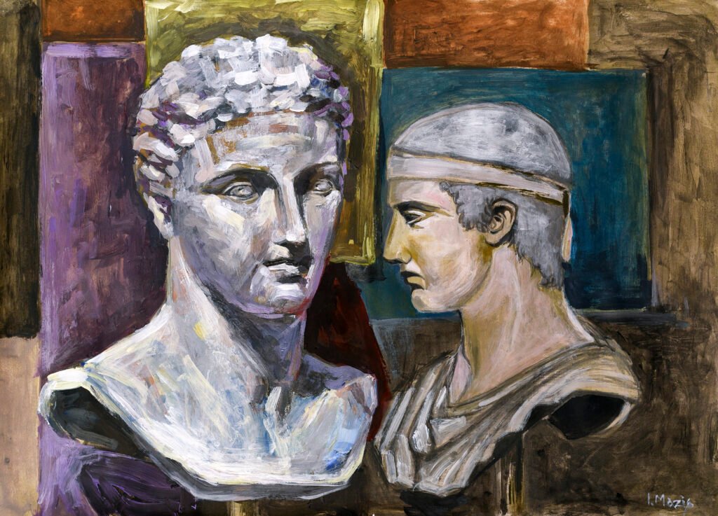 "Έφηβος και Ηνίοχος", Ακρυλικά σε χαρτί, 50χ70 cm (σε γυάλινο πλαίσιο), 2023