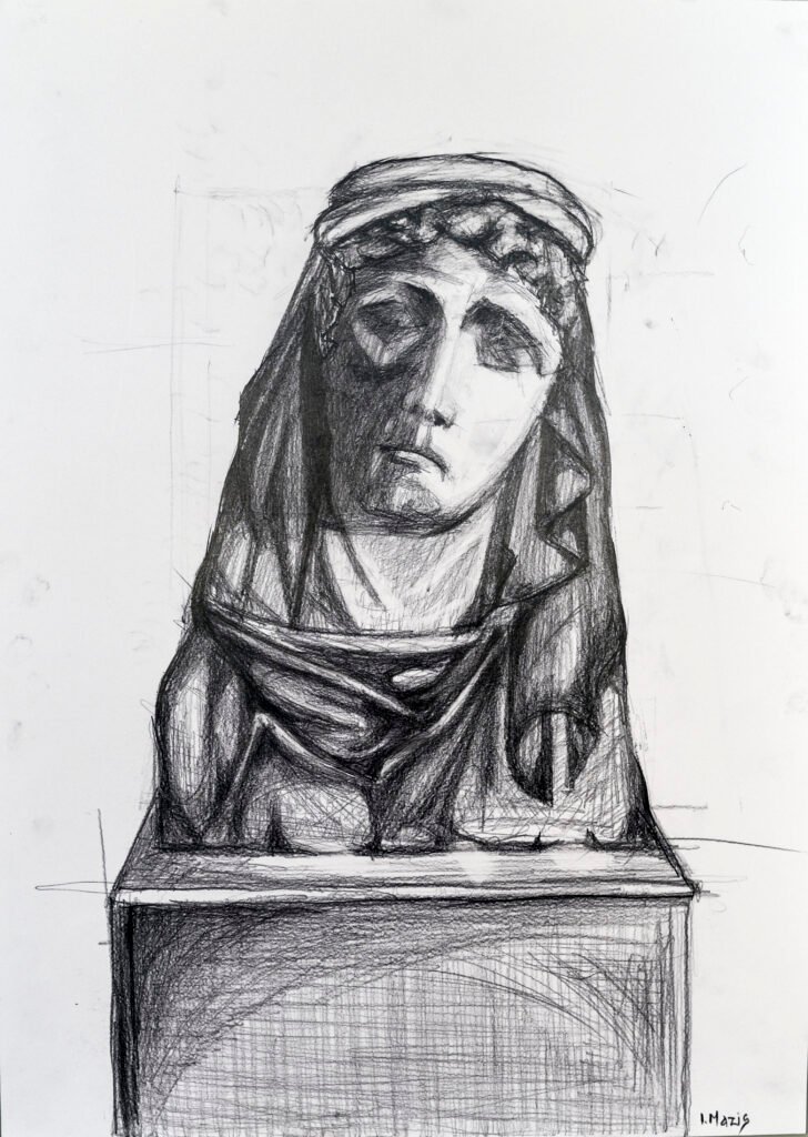 'Μνήμη Γιαννούλη Χαλεπά", Μολύβι και Γραφίτης σε χαρτί, 50χ70 cm (σε γυάλινο πλαίσιο), 2023