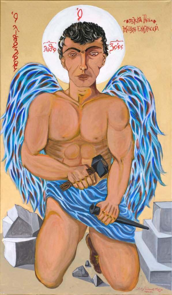 "Ο Λιθοξόος", Ακρυλικά σε καμβά, 70χ120 cm, Δημαρχείο Αμοργού Δωρεά, 2022