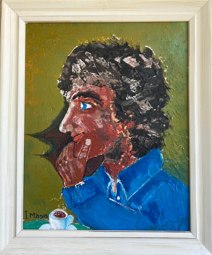 "Νέος με γαλάζιο πουκάμισο που θαυμάζει μια κοπέλα",Ακρυλικός στόκος με σπάτουλα, ακρυλικά, σε καμβά, 23χ29 cm (με πλαίσιο), 2022